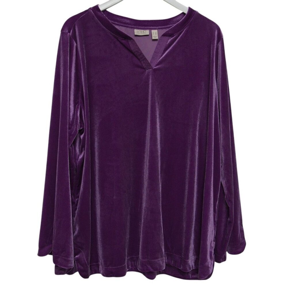 LOGO Lori Goldstein Stretch Velvet Top Plus Size 2X Purple Tunic Evening Pullove